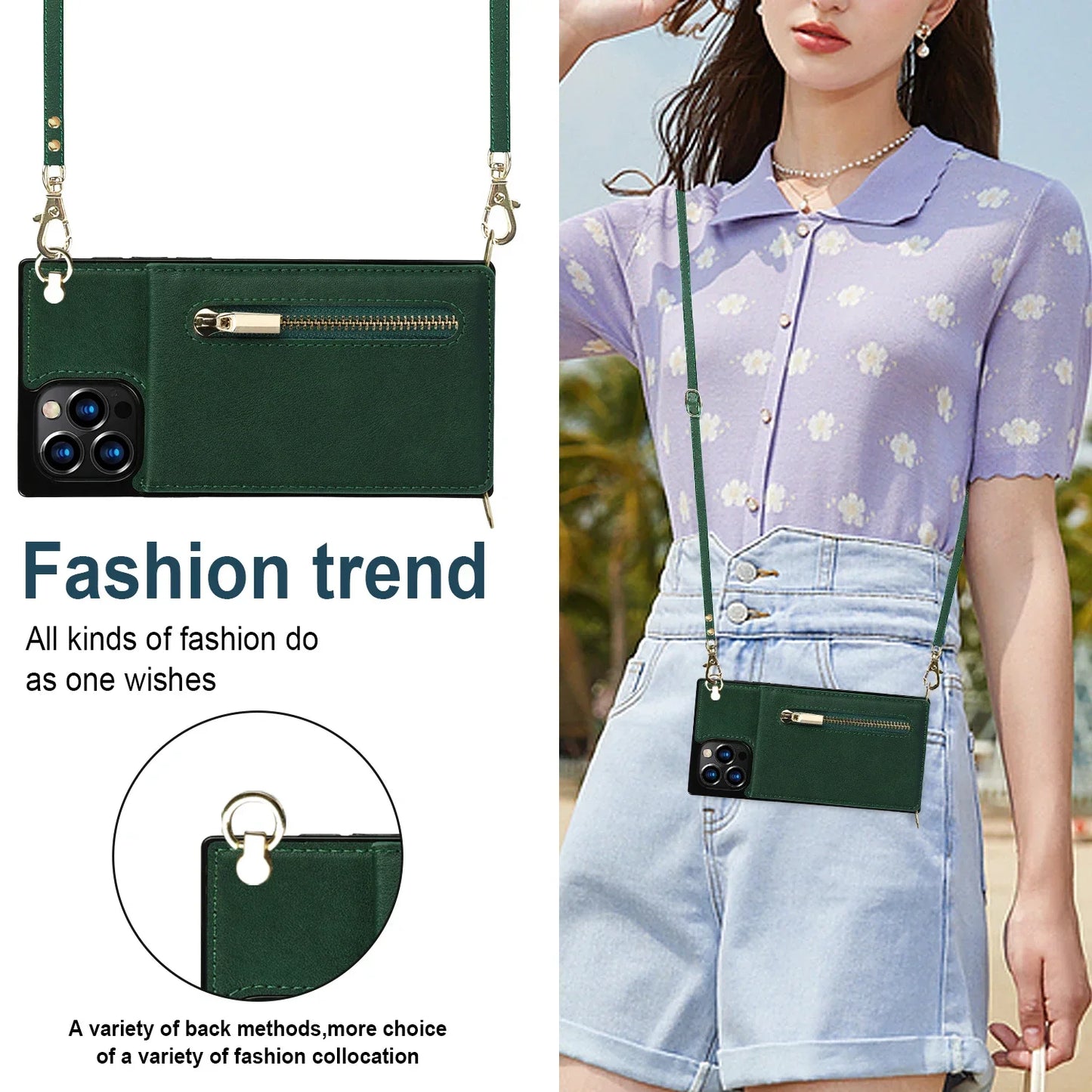 Zipper Wallet for IPhone 17 Air 16 16E 15 14 13 12 11 Pro Max Plus Case with Card Holder Lanyard Strap Crossbody Leather Cover