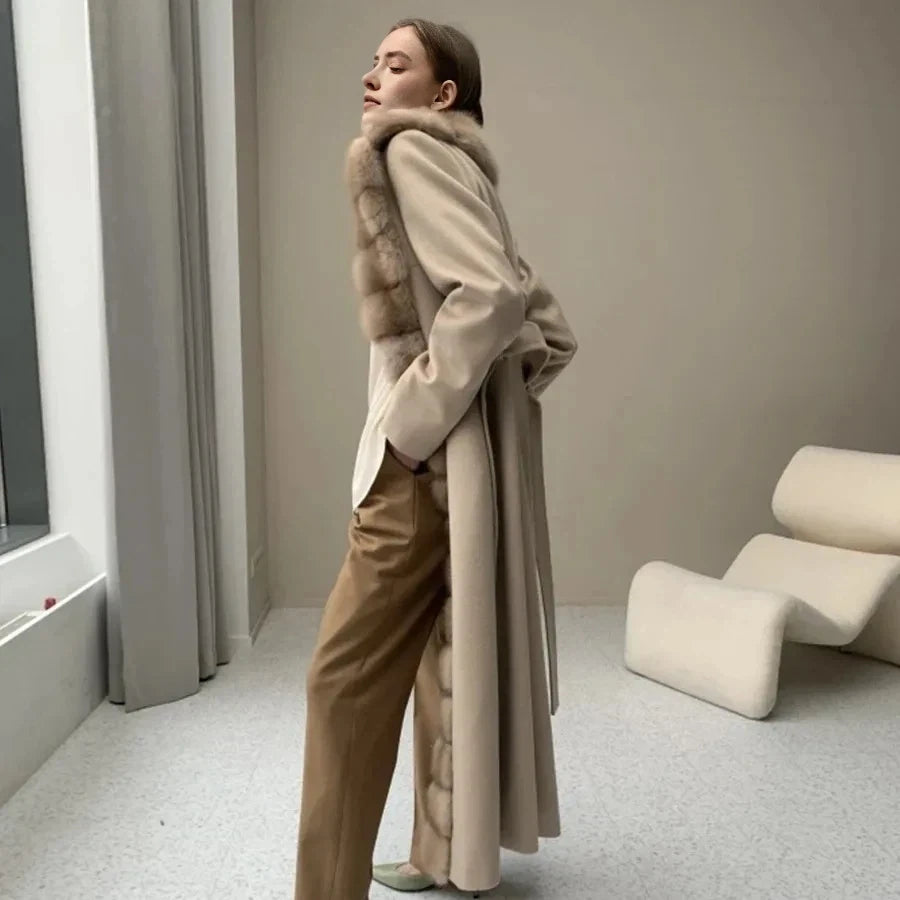 CNEGOVIK Natural Fox Fur Winter Cashmere Wool Coat Women Fur Coat Women Luxury Real Fur Warm Winter Jackets Cashmere Fur Jacket
