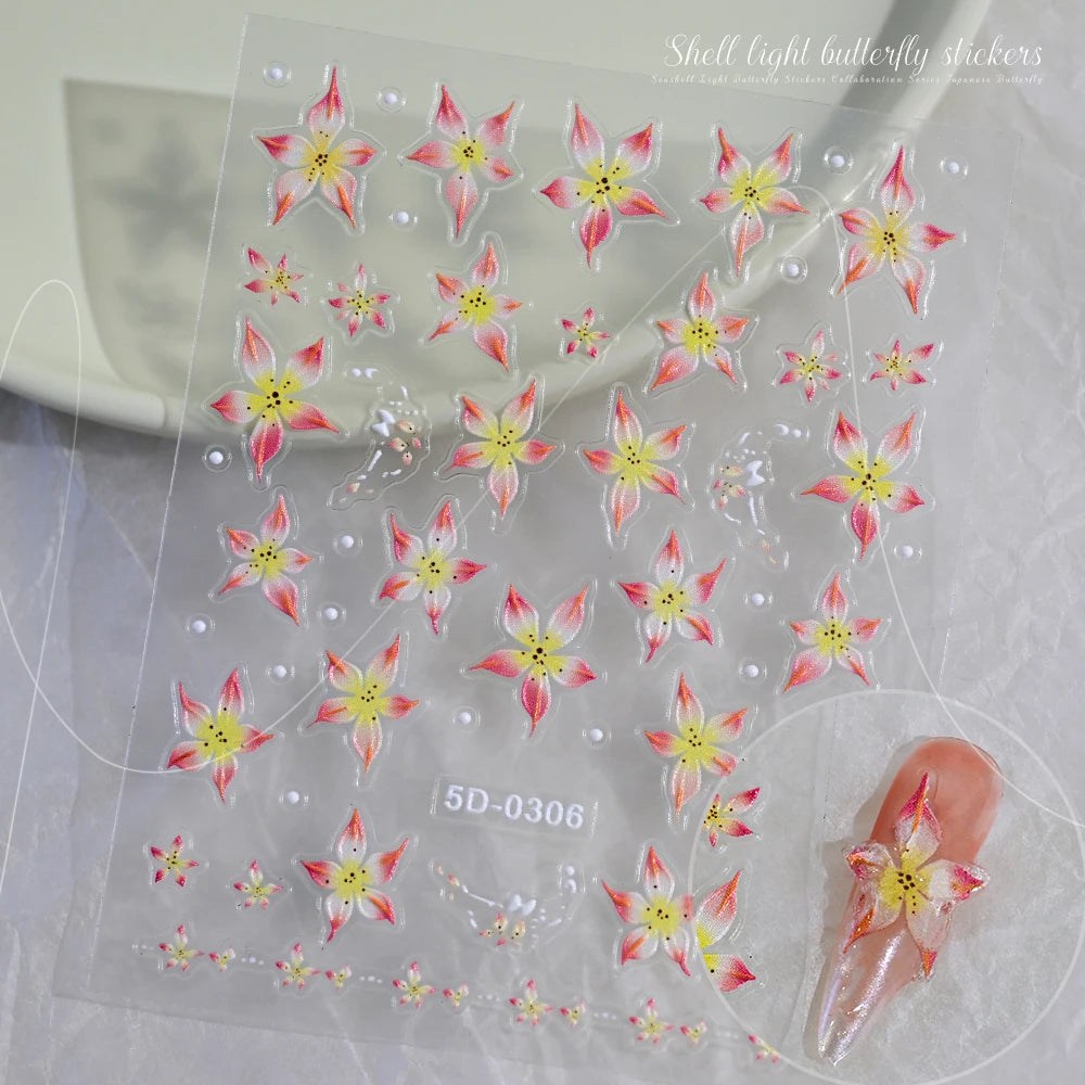 5D Hibiscus Flower Nail Embossed Sticker Acrylic Pink White Gold Petal Leaf Adhesive Decal Butterfly Dragon Floral Elegant Decor