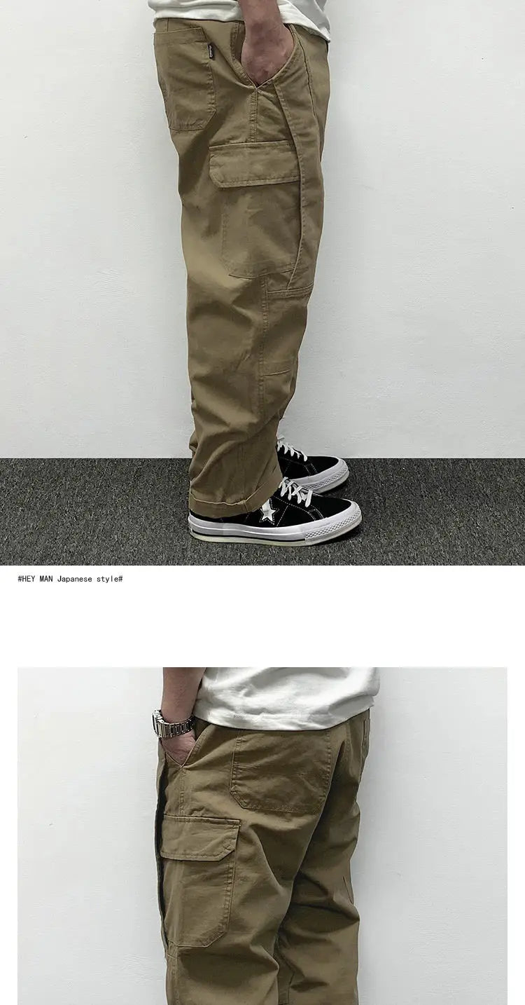 Autumn Men's Pants Multi-Pocket Cargo Pants Retro Solid Color Simple Loose Button Elastic Strap Casual Pants