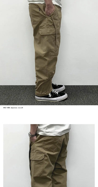 Autumn Men's Pants Multi-Pocket Cargo Pants Retro Solid Color Simple Loose Button Elastic Strap Casual Pants