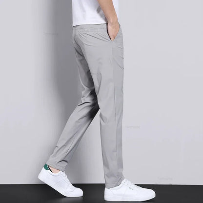 Ultra-thin Elastic Men's Casual Trousers Summer Quick-drying Ice Silk Slim Straight Business Solid Color Y2K Trousers Black Gray