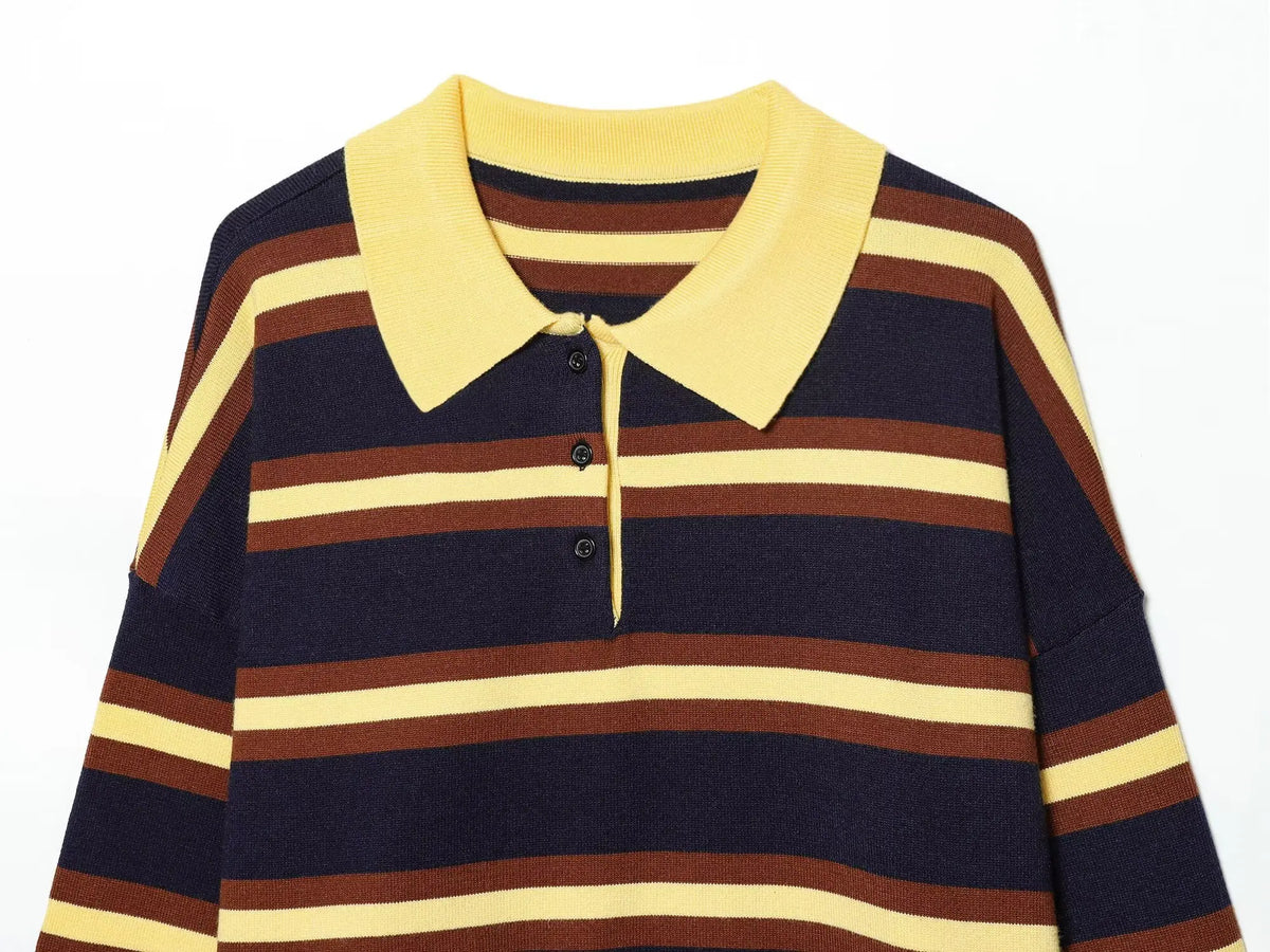 Sweater knitted Pullover Women's Spring 2026 New Fashion Striped Loose Polo neck Warm Women Sweater Chic Youth Holiday Pullover
