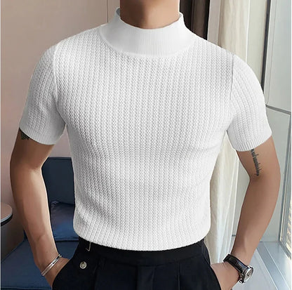 Summer New Casual Simple Knitted Base Shirt European and American Men's High Neck Water Ripple Solid Color T-Shirt