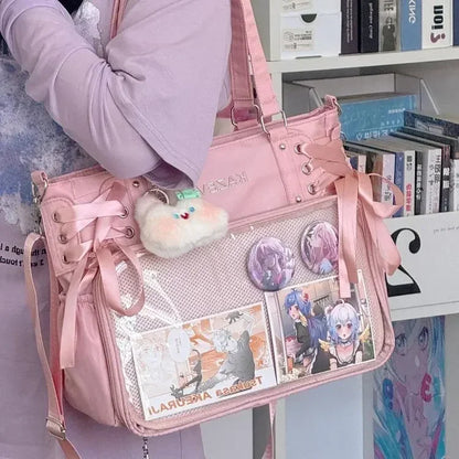 College Style Crossbody Bag with Ribbon Large Capacity for Class Book Carrying Mailman Bag Girls Bow JK Shoulder Ita Bag Handbag