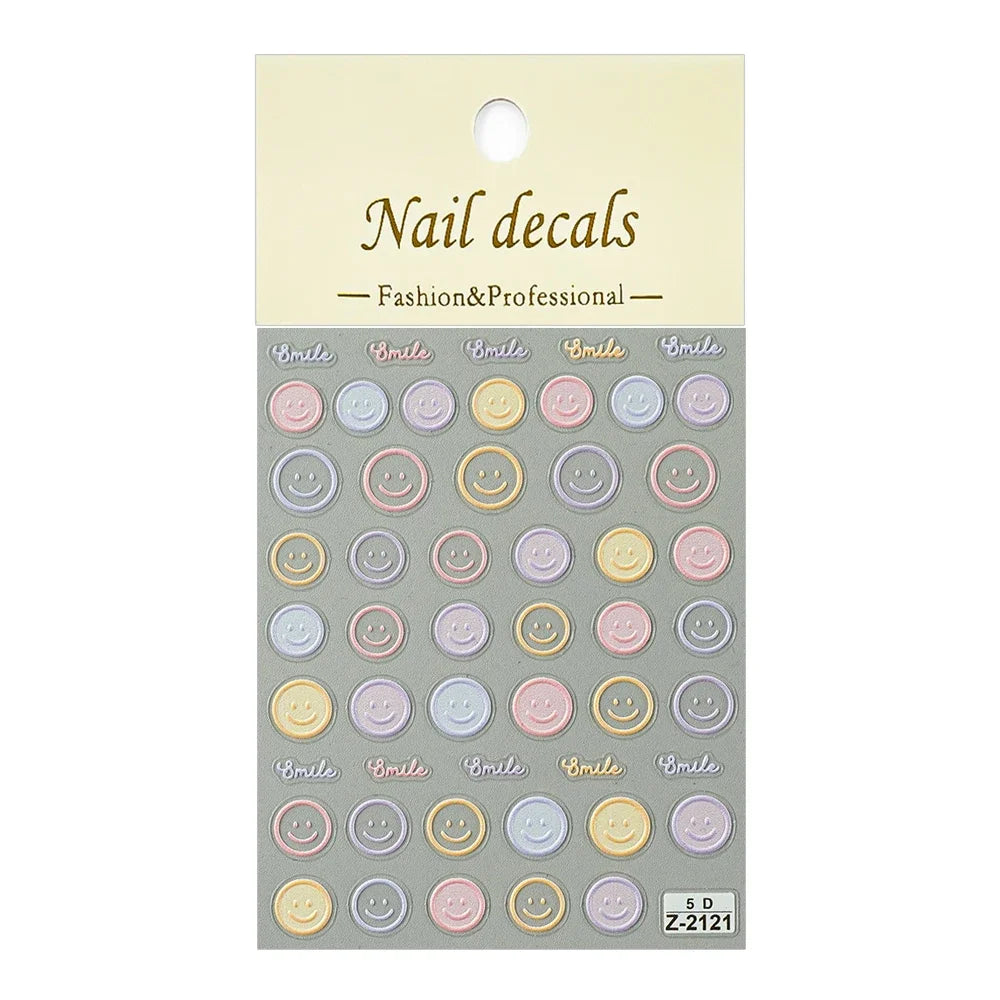 5D Exquisite Smiling Face Nail Stickers Embossed Japanese Macaron Nail Art Self-Adhesive Decorations Accessories DIY