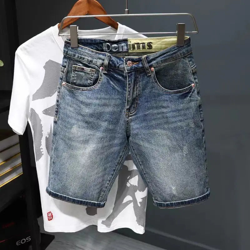 Summer Trendy Brand Handsome Denim Shorts Men's Washed Embroidered Patch Trendy Short Pants Ripped Slim-fit Elastic Middle Pants