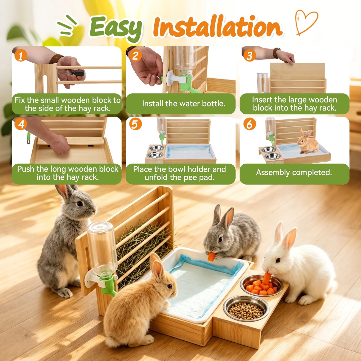 4-in-1 Hay Grater For Rabbits, Feeding Station Removable Hay Distributor For Guinea Pigs With Litter Tray, 2 Trays And Bottle Wood Feeder For Small Animals