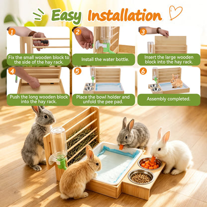 4-in-1 Hay Grater For Rabbits, Feeding Station Removable Hay Distributor For Guinea Pigs With Litter Tray, 2 Trays And Bottle Wood Feeder For Small Animals