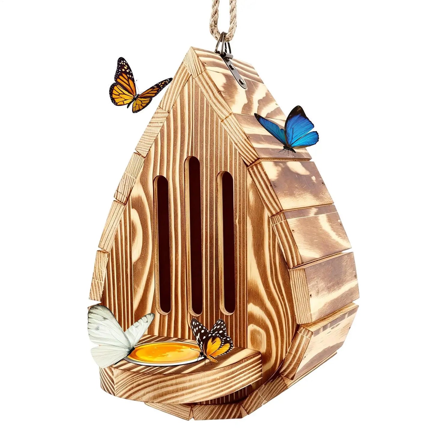 Hanging Wood Butterfly House Feeder with Rope Decorative Bee Nesting Box Multifunctional Moth Habitat for Garden Balcony