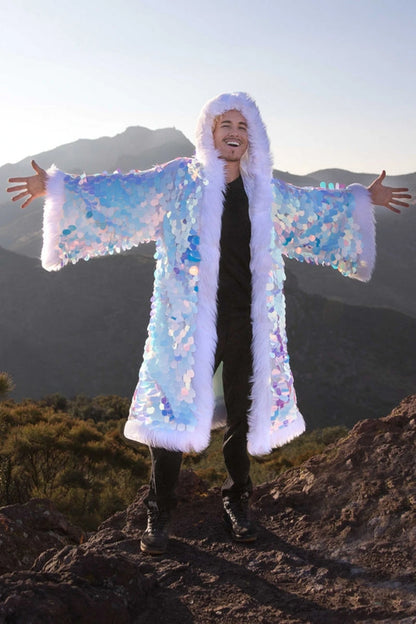 New LED Costume Sequin Faux Fur Patchwork Coat Long Shiny Fashion Holiday Party Costume Men's And Women's Faux Fur Coat