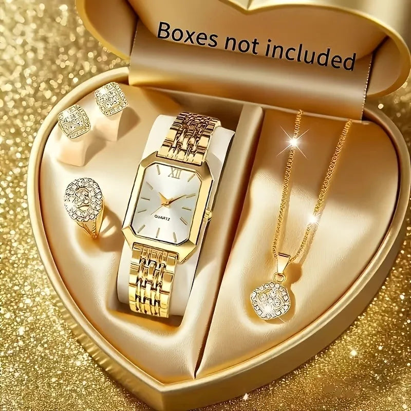 5PCS Womens Elegant Rectangle Rhinestone Quartz Watch Jewelry Set Fashion Women Watches Reloj Mujer Girl Clock Gift（Without Box）