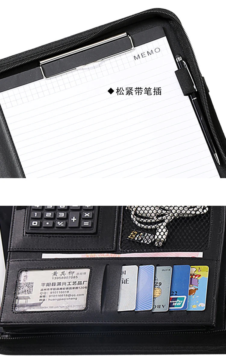 PU leather A4 zipper calculator binder conference file pad folder briefcase tablet portable circular handle file bag