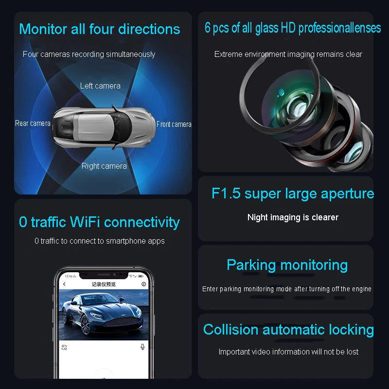 4K 4CH Hidden Dash Cam with APP Night Vision Motion Detection 24/7 Parking Monitor G-Sensor Loop Recording WDR Blackbox Car DVR