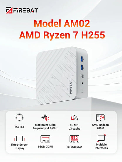 FIREBAT AM02 Mini PC AMD Ryzen 7 H255 DDR5 16GB RAM M.2 PCIe 512GB SSD WiFi6 BT5.2 1000M LAN Windows11 Desktop Computer