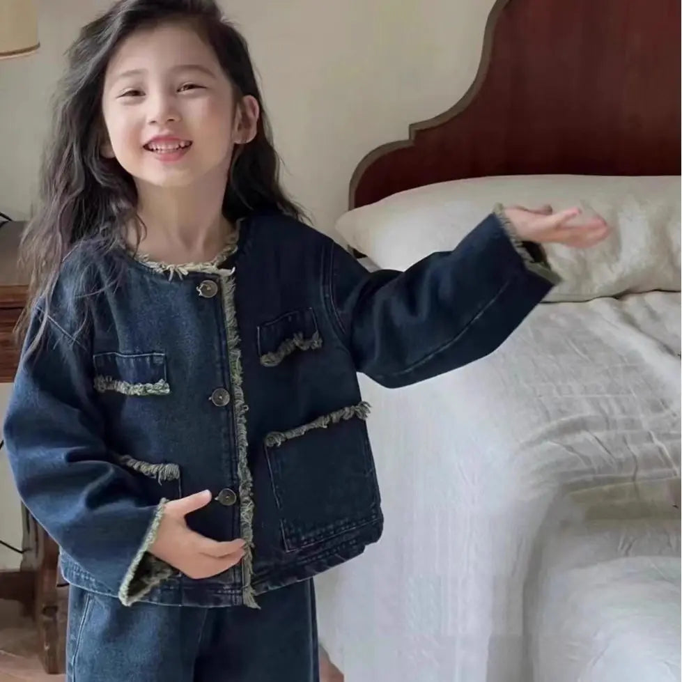Girls' Denim Set Washed Tassel Vintage Coat+ Loose Pants 2023 Spring And Autumn New Fashion Kids Outfit Casual Clothing Set