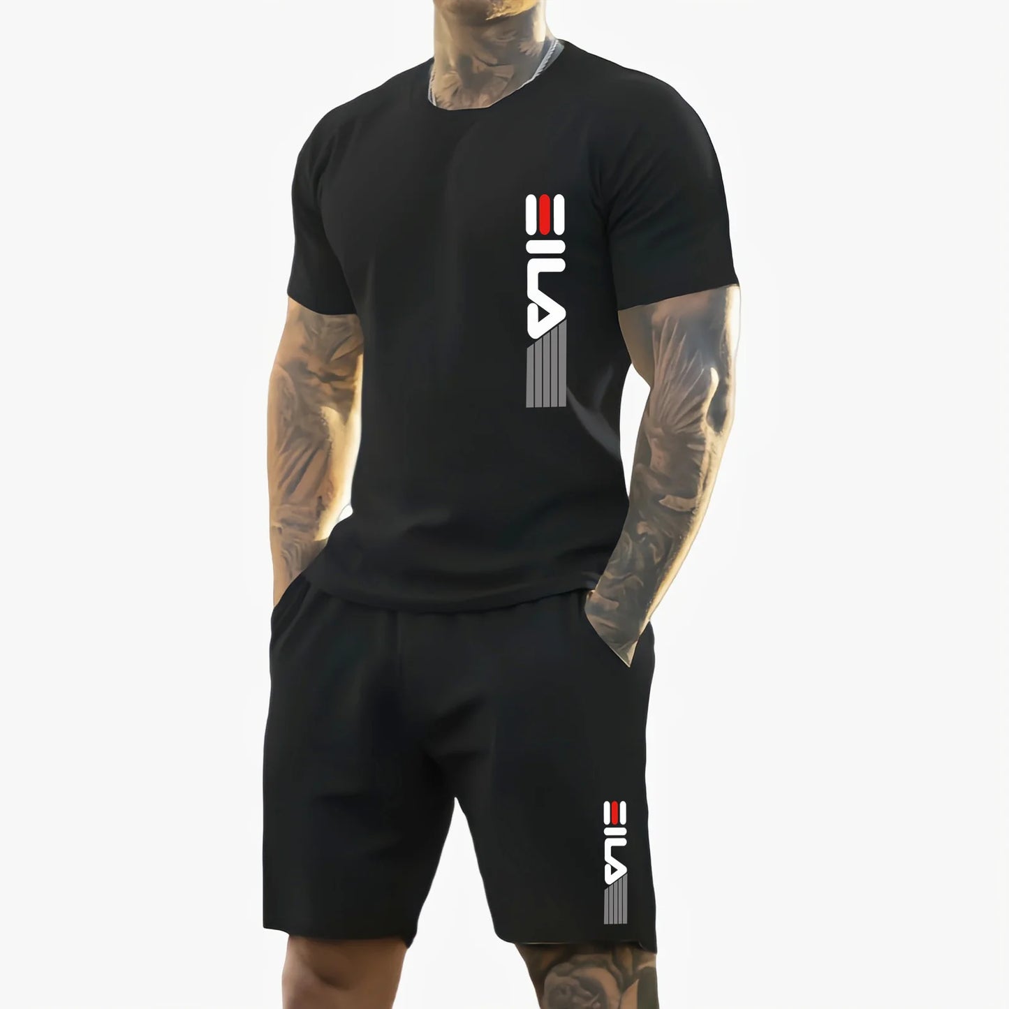 Men 2025 summer new casual sports suit Fashion breathable outdoor men's short-sleeved T-shirt + training shorts two-piece set