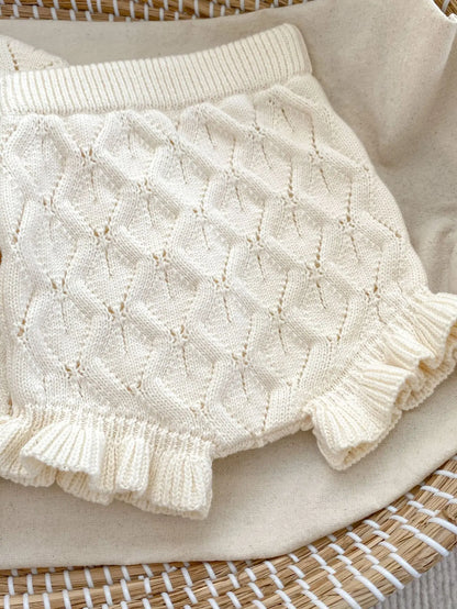 New Baby Girl Autumn Sweater Coat Hollow Knitted Air Conditioner Set Solid Cardigan Shorts Two Piece Set