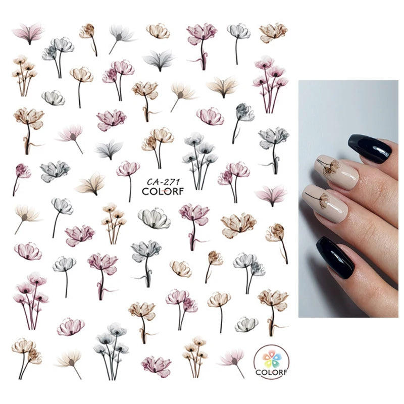 3d Nail Art Decals Watercolor Florals Purple Green Pink Flowers Leafs Fruit Adhesive Sliders Nail Stickers For Manicure