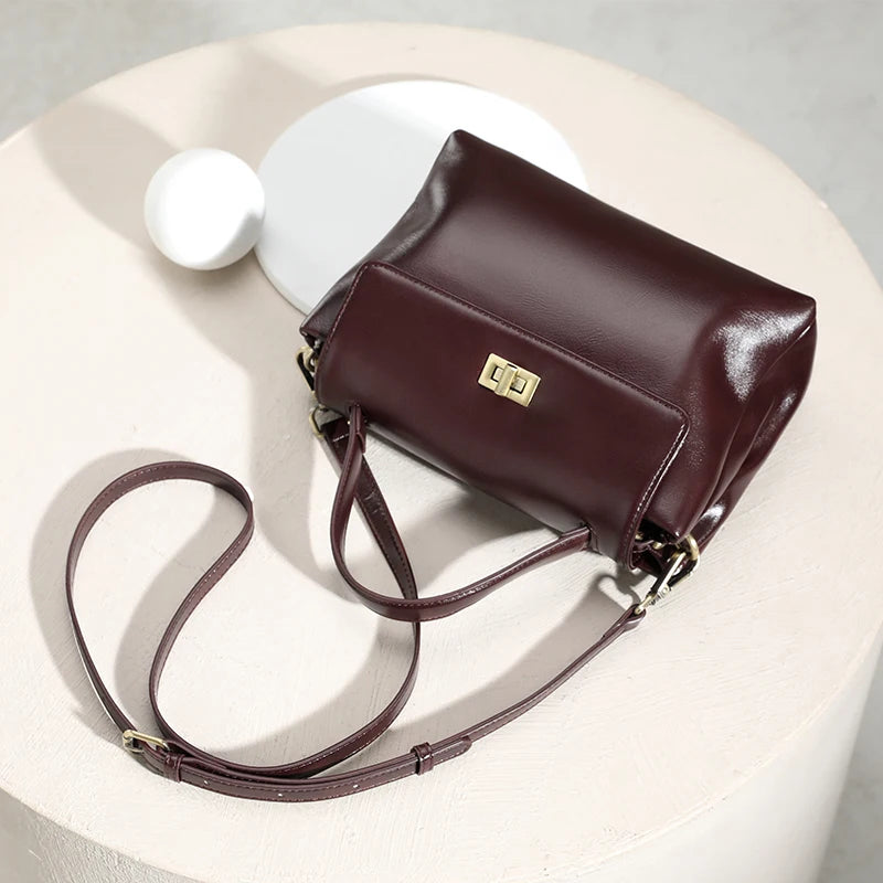 Genuine Leather Top Handle Crossbody Bag for Women Vintage Oil Wax Leather Shoulder Bag Small Luxury Designer Satchel Handbag