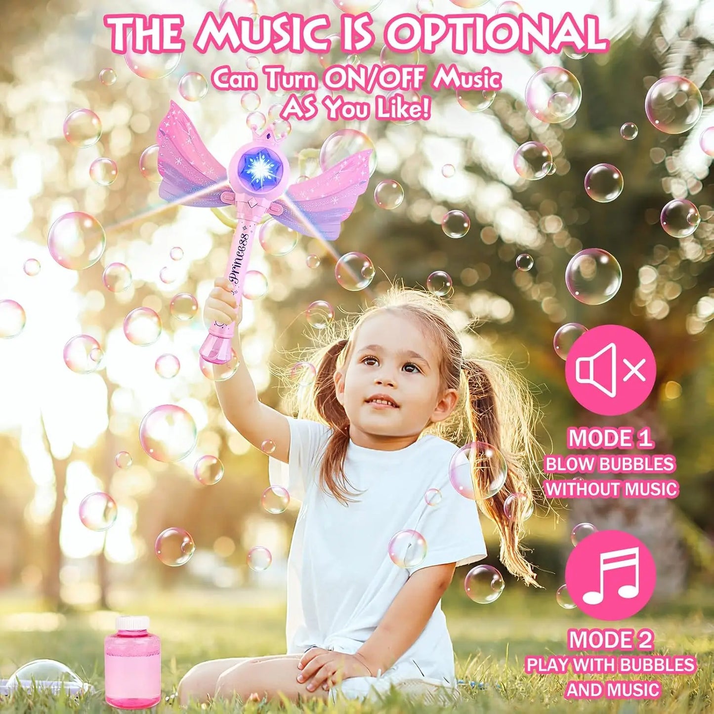 Children's Bubble Machine, Glowing Princess Bubble Stick, with Music and Detachable Wings, Outdoor Indoor Garden Party Toy