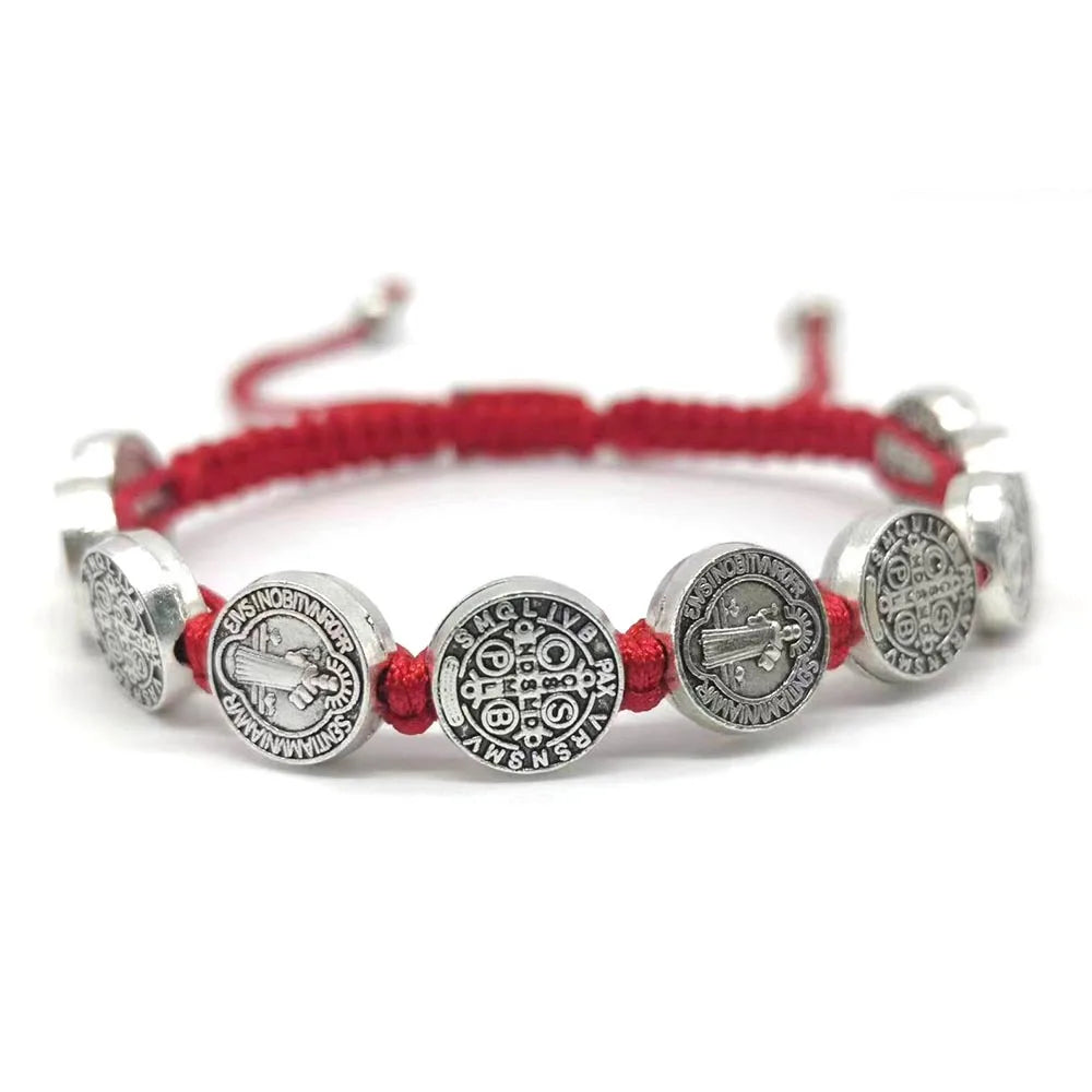 Vintage Virgin Mary and Jesus Exorcist Holy Card Hand Woven Adjustable Bracelet for Men's Religious Jewelry