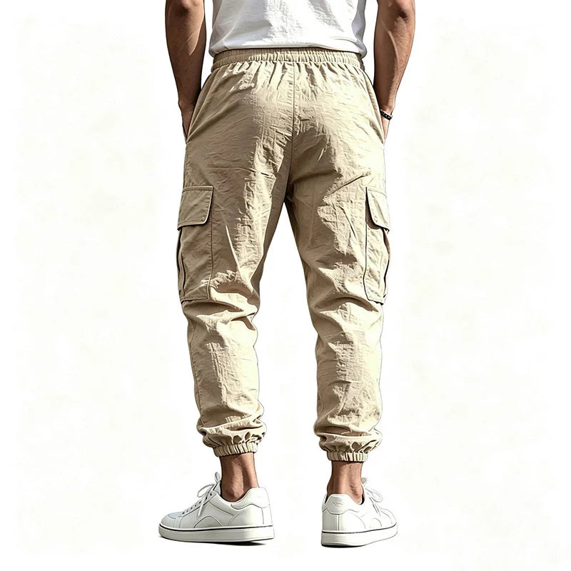 Men's Cotton Linen Blend Cargo Jogger Pants Elastic Waist Drawstring Multi Pockets Casual Breathable Streetwear Trousers for Men