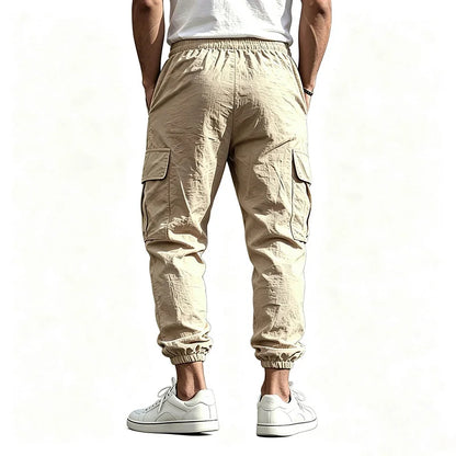 Men's Cotton Linen Blend Cargo Jogger Pants Elastic Waist Drawstring Multi Pockets Casual Breathable Streetwear Trousers for Men