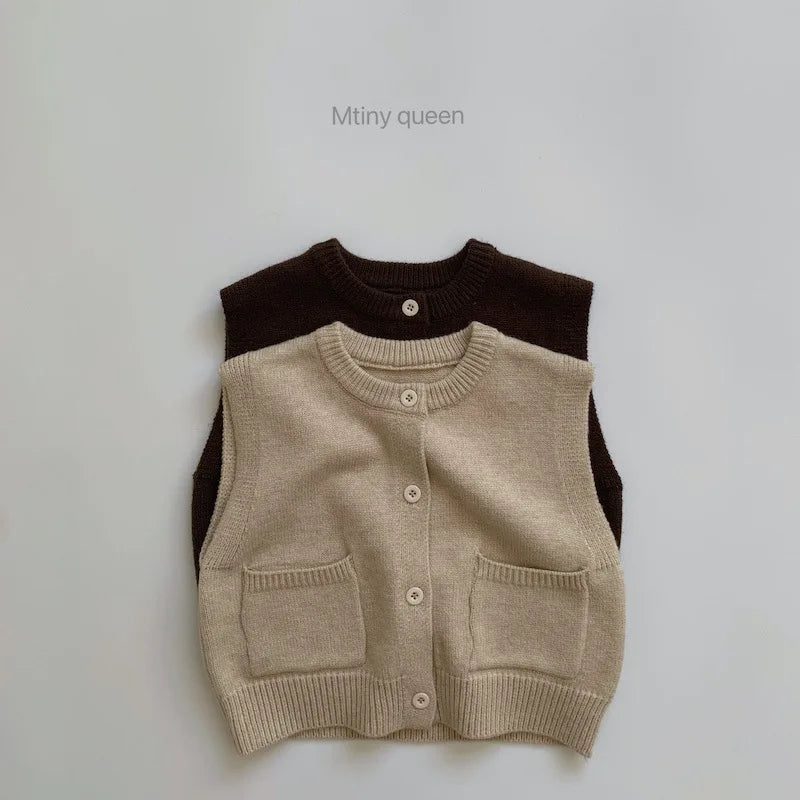 Children's Coat Autumn Children's Minimalist Pocket Sweater Kids Boys Girls Solid Color Cardigan Round Neck Vest Knitted Sweater