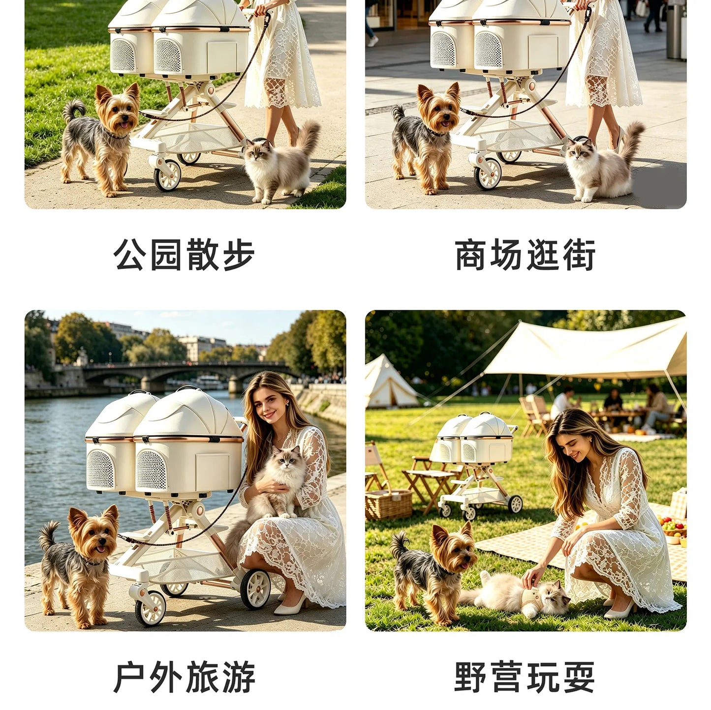 A6-2 Twin Pet Stroller Aluminum Alloy Detachable Foldable Lightweight Separate Travel Cart for Dogs Cats