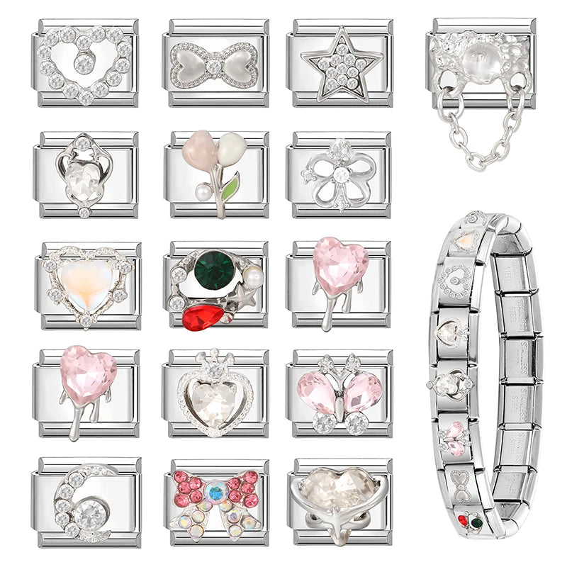 Zircon Pearl Heart Bow Candy Flower Butterfly Italian Charm Links Fit 9mm Stainless Steel Bracelet Personalized DIY Making Gifts