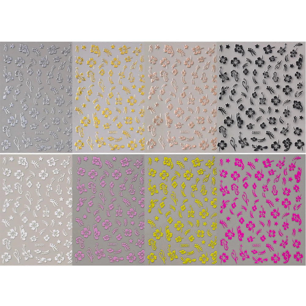 1pc 3D Hibiscus Flowers Nail Sticker White Black Flower Petals Adhesive Decals Pink Golden Floral Slider For Nail Art Decoration