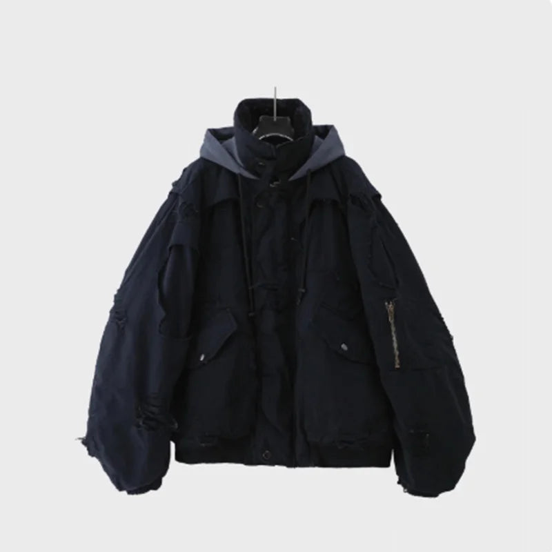 MWJLPWQ Fake Two Pieces Retro Distressed Hooded Cotton Jacket Men's New High Street Zipper Washed Hiphop Padded Winter 010528