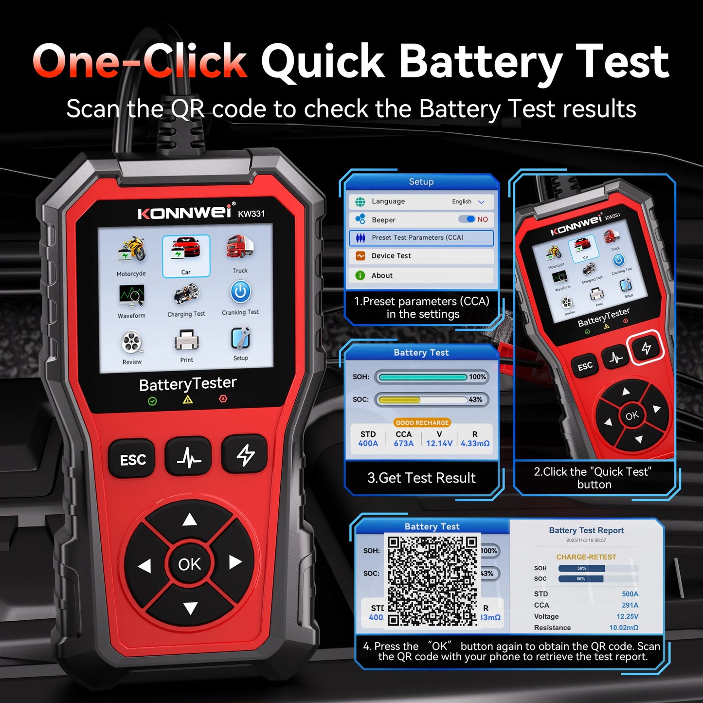 2025 KONNWEi Car Battery Tester Fault Code Clearance Battery Information Monitoring Startup Test Car Battery Charging Scan Tool