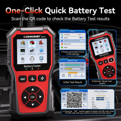 2025 KONNWEi Car Battery Tester Fault Code Clearance Battery Information Monitoring Startup Test Car Battery Charging Scan Tool