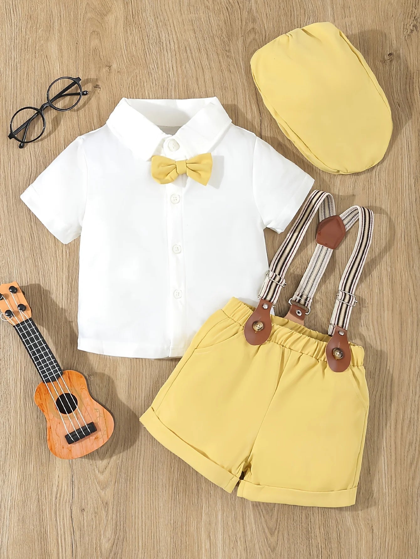 3-Piece Summer Thin Gentleman Dress Suit for Infants and Boys, Short-Sleeved Shirt with Bow + Casual Suspender Shorts + Gentleman Hat, Suitable for Birthday Parties, Party, Performance, Weddings, Full Moon, Washing Ceremony,