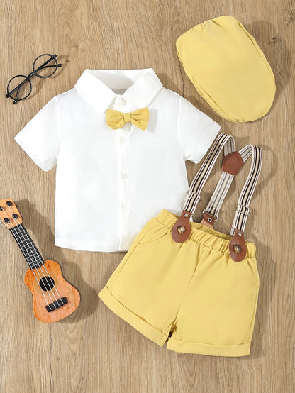 3-Piece Summer Thin Gentleman Dress Suit for Infants and Boys, Short-Sleeved Shirt with Bow + Casual Suspender Shorts + Gentleman Hat, Suitable for Birthday Parties, Party, Performance, Weddings, Full Moon, Washing Ceremony,