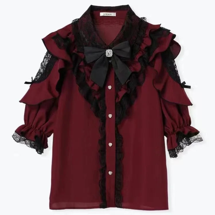 Women Japanese Sweet Lolita Blouses Summer Elegant Bow Off Shoulder JK Shirt Female Gothic Hot Girls Casual Lace Ruffles Tops