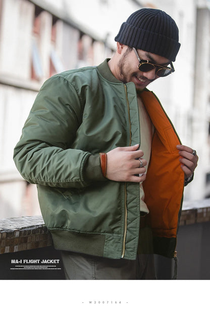 Maden Vintage MA1 Pilot Jacket Green Thickened Cotton-padded Jacket Casual Baseball Pockets Flight Zipper Outwear for Men's Fall