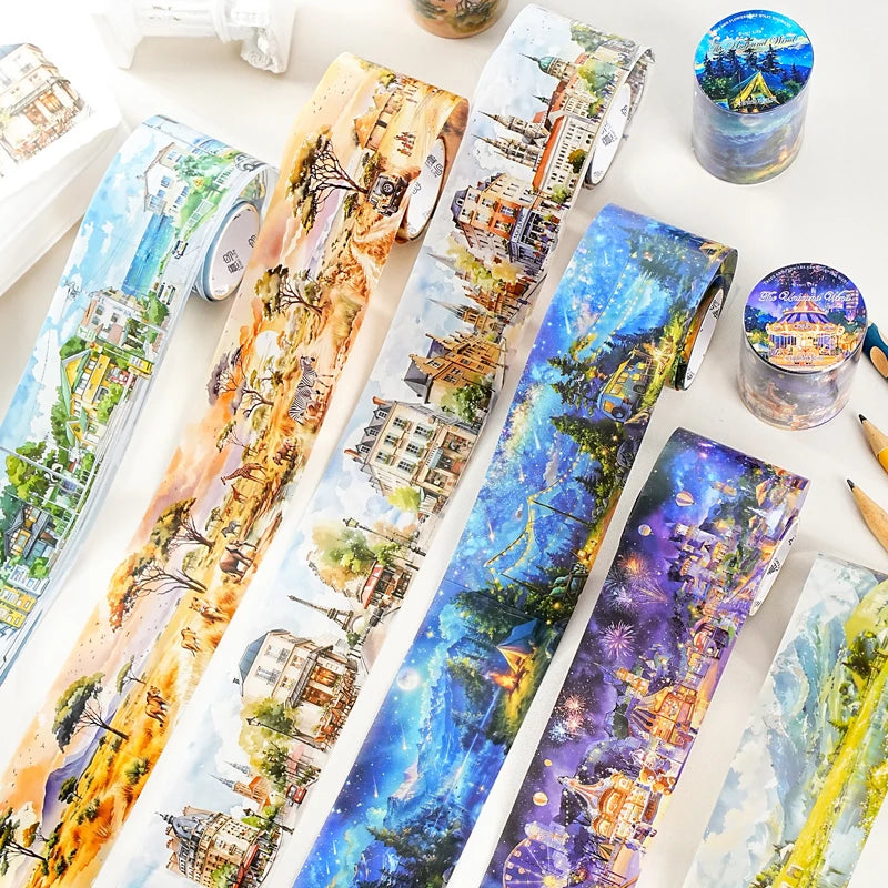 45mm * 2m Free Wind Series Retro Watercolor Landscape PET Stickers Creative Decor DIY Diary Scrapbook Collage Aesthetic Supplies