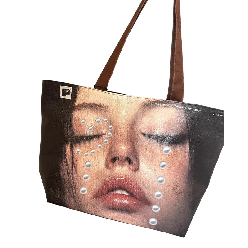 Brand Portrait Print Tote Bag Large Capacity Top-handle Shopper Bag Fashion Pvc Kraft Paper Shoulderbag Waterproof Pouch Storage