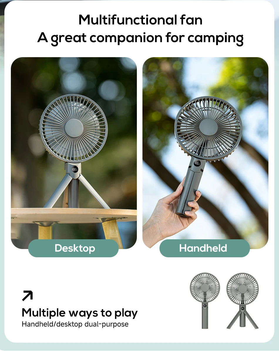 XIAOTREE Portable Handheld Rechargeable Fan LED Digital Display 180°Adjustable Rechargeable Fan 4 Speed Wind Camping Tripod Fan