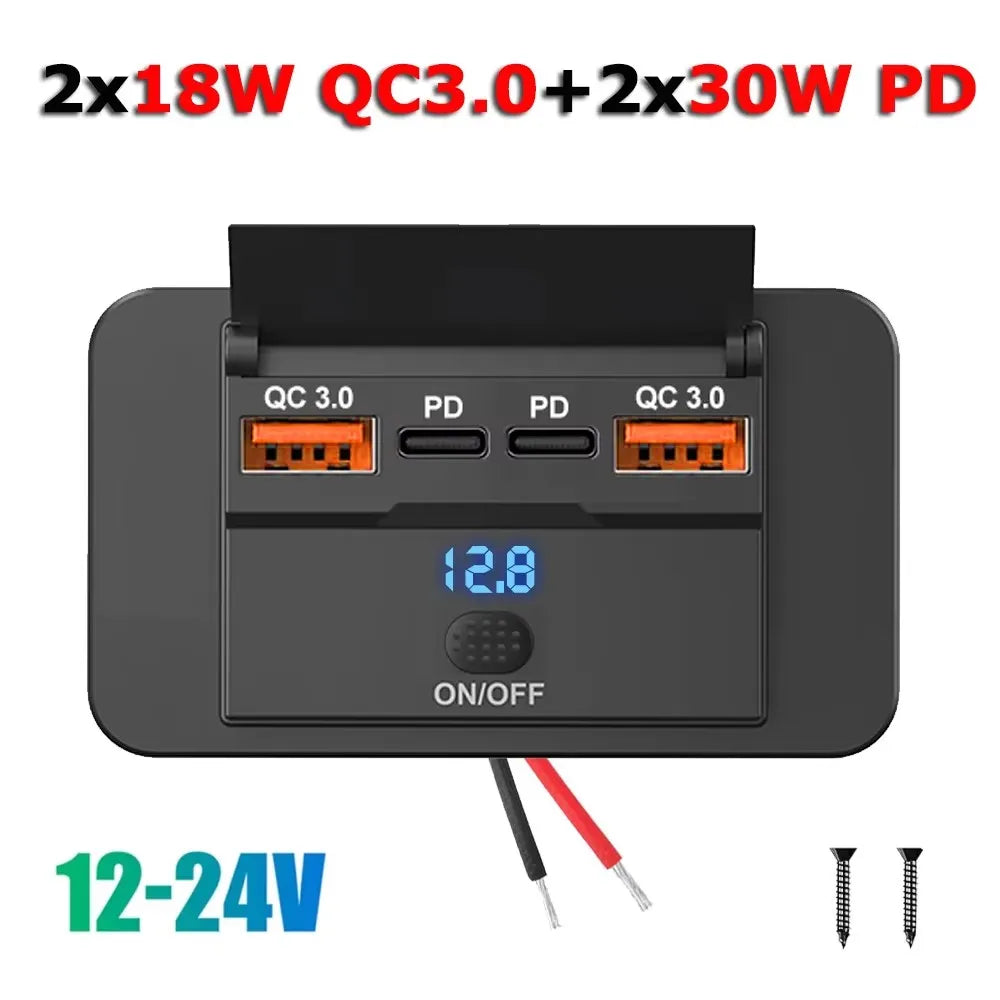 90W 3 Ports Dual PD Car Charger Socket with ON OFF Switch 18W QC3.0 Fast Charging for Motorbike Car Boat ATV UTV Camper Caravans
