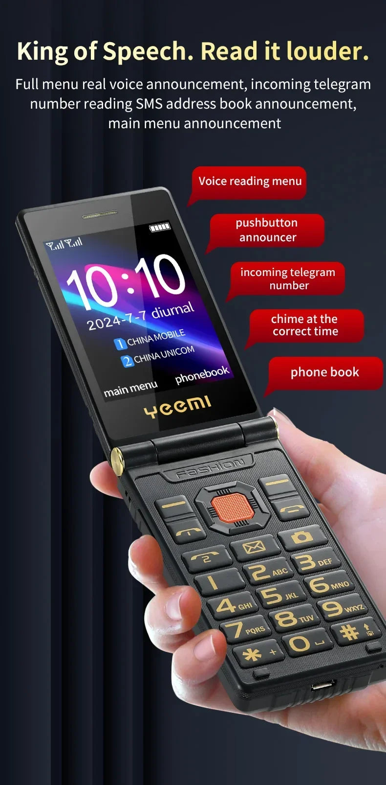 YeeMI M7+ 4G Rugged Feature Phone Big Button Full Band Flip Phone Dual SIM Dual Screen Cellphone For Old Man 6800mAh Big Battery
