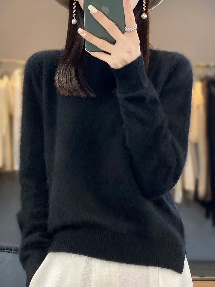 100% Mink Cashmere Sweater Women's Half High Collar Pullover Long Sleeve Cashmere Knitwear Fashion Autumn Winter Female Clothing