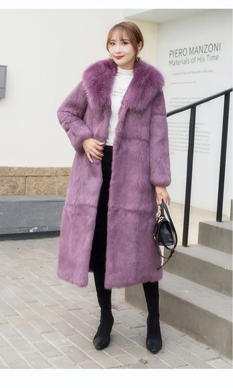 Real Rex Rabbit Fur Coat Women Autumn Winter Long Jacket Thick Warm New Fashion Fox Fur Collar Elegant Female Warm Outerwear