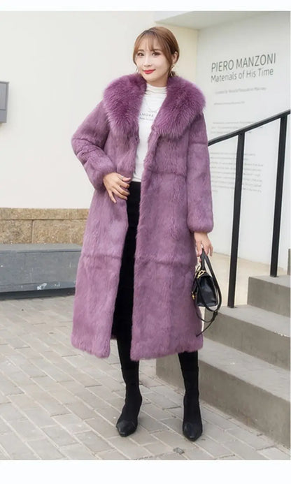 Real Rex Rabbit Fur Coat Women Autumn Winter Long Jacket Thick Warm New Fashion Fox Fur Collar Elegant Female Warm Outerwear