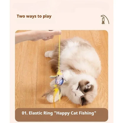Bird Sound Cat Toy Brown Green Blue Color Options and Combination Set Plush Feather Hanging Teaser for Indoor Cats Chasing Play