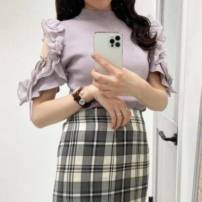 Japanese Off Shoulder Ruffle Edge Slim Short Sleeve Tshirt Women Sweet Elegant Knitted T Shirt Girl Commuting Short White Top