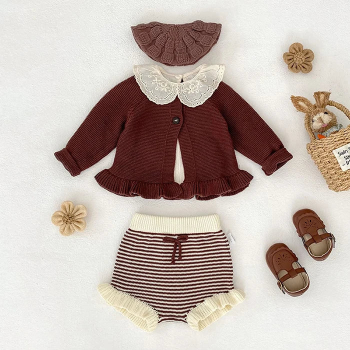 2025 New Autumn Toddler Baby Girl Clothes Set 0-3Yrs Infant Baby Girls Clothing Suit Long Sleeved Cardigan Sweater+PP Shorts